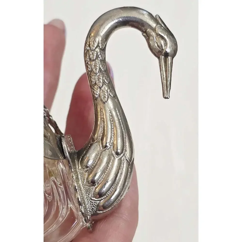 Vintage 1950s Glass Swan Salt Cellar, Silver Wings, Ring/Trinket DIsh